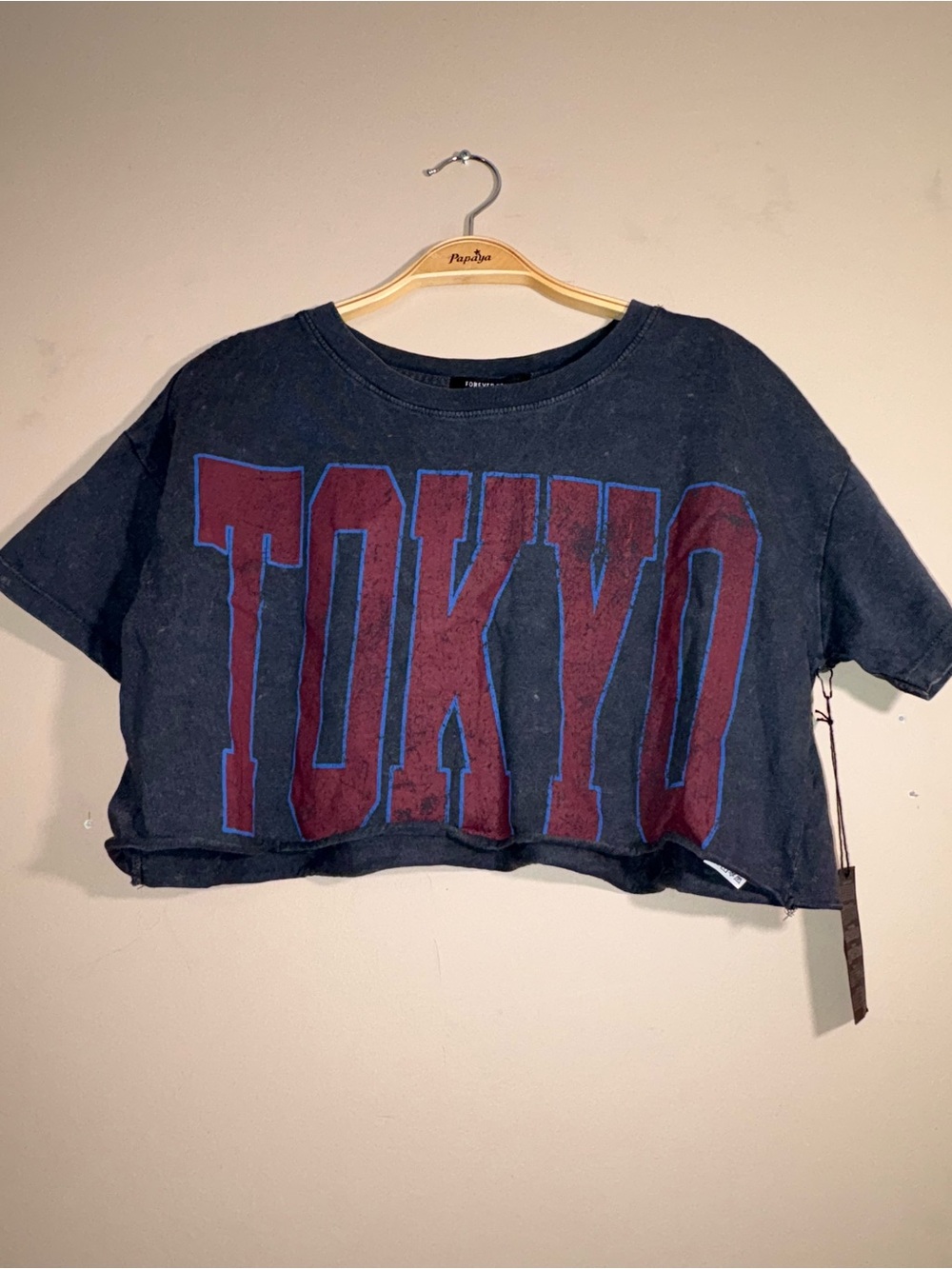 Forever 21 Charcoal Crop Tee with Burgundy and Blue 'TOKYO' Graphic